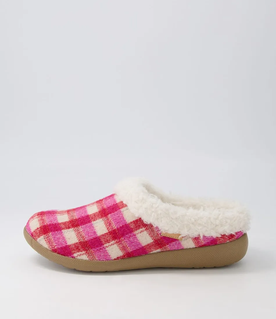 Women ZIERA Comfort<Fifi Xw Fuchsia Red Check Fabric Slippers