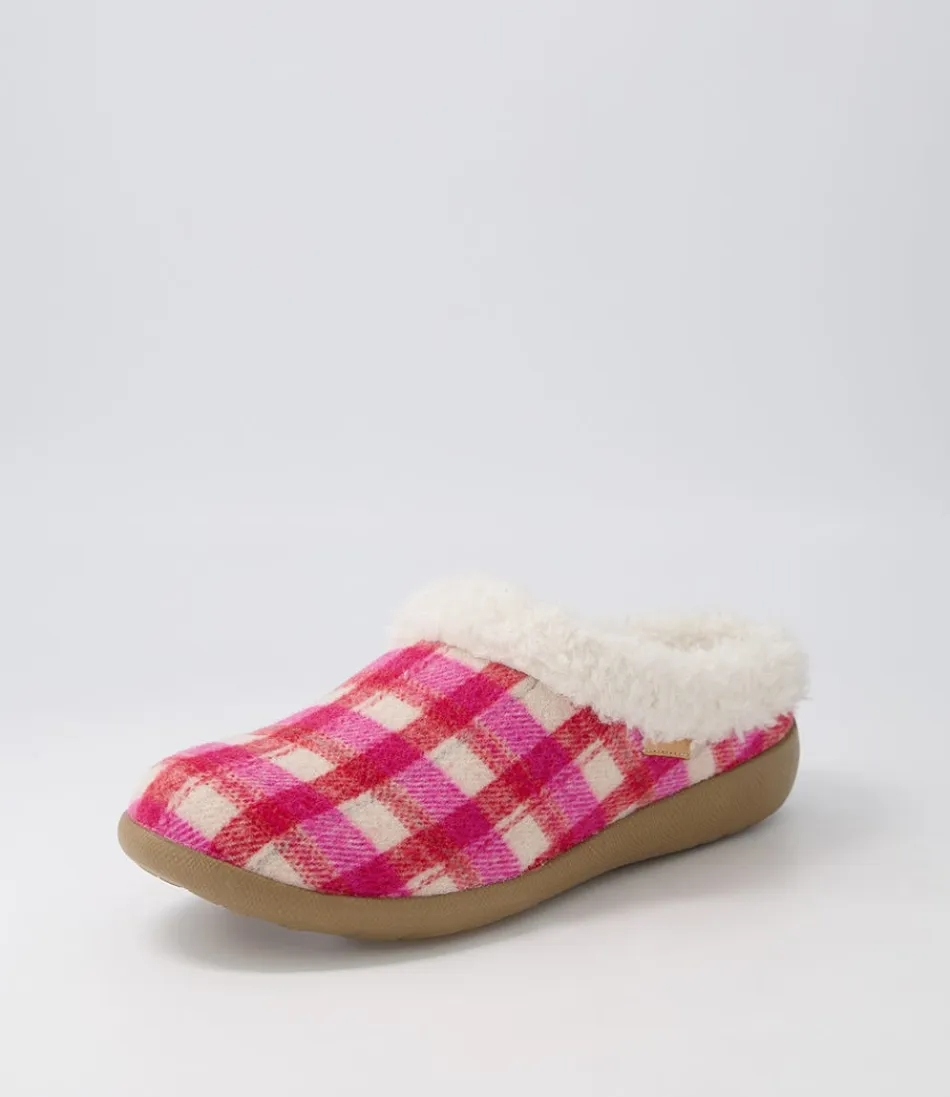 Women ZIERA Comfort<Fifi Xw Fuchsia Red Check Fabric Slippers