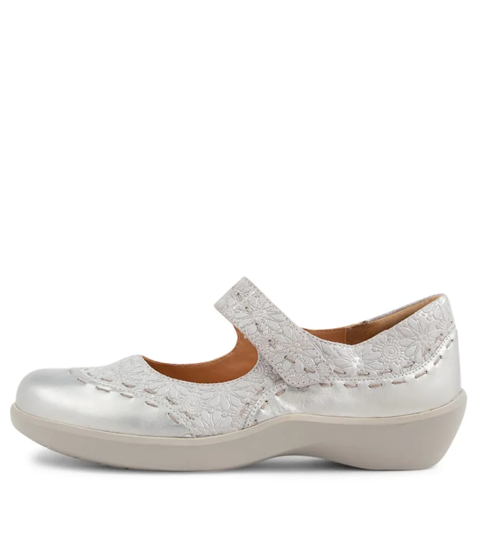 Women ZIERA Comfort<Gummibear Xw Silver Daisy Leather Flat Shoes