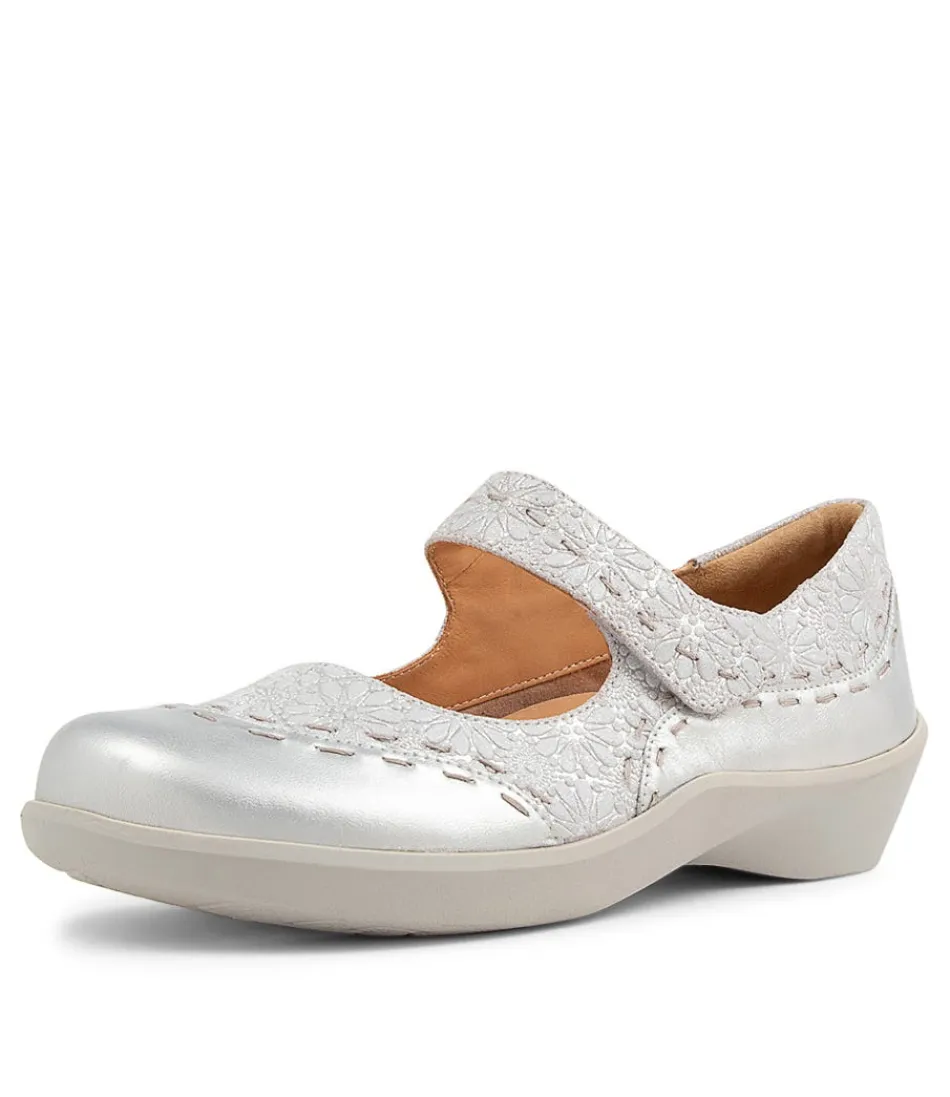 Women ZIERA Comfort<Gummibear Xw Silver Daisy Leather Flat Shoes