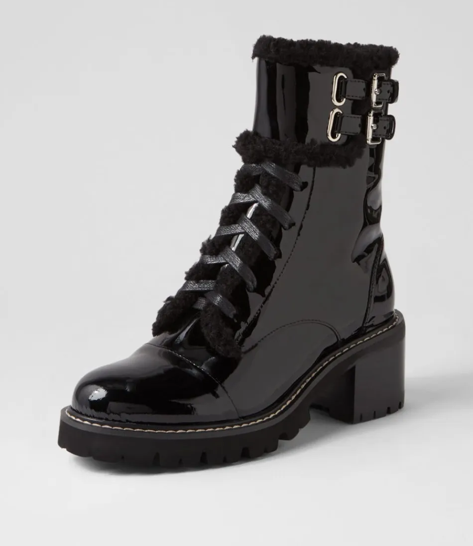 Women TOP END Boots<Jenifa Black Patent Fur Lace Up Boots