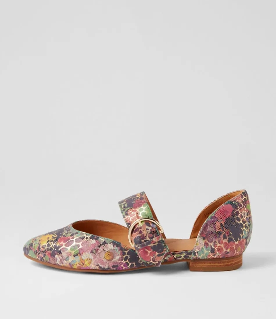 Women ZIERA Flats<Loraa W Green Floral Leather Flat Shoes