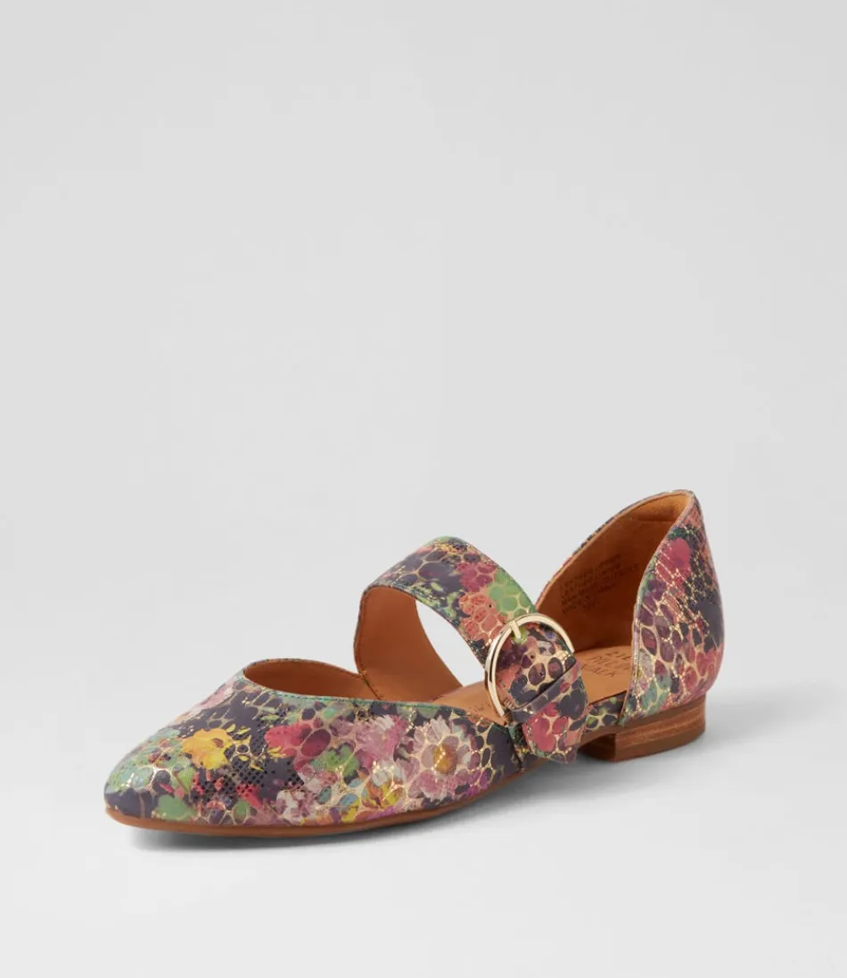 Women ZIERA Flats<Loraa W Green Floral Leather Flat Shoes