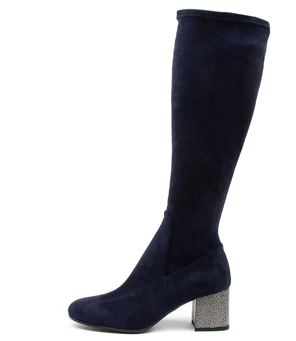 Women DJANGO & JULIETTE Boots<Nething Dj Navy Pewter Heel Stretch Microsuede