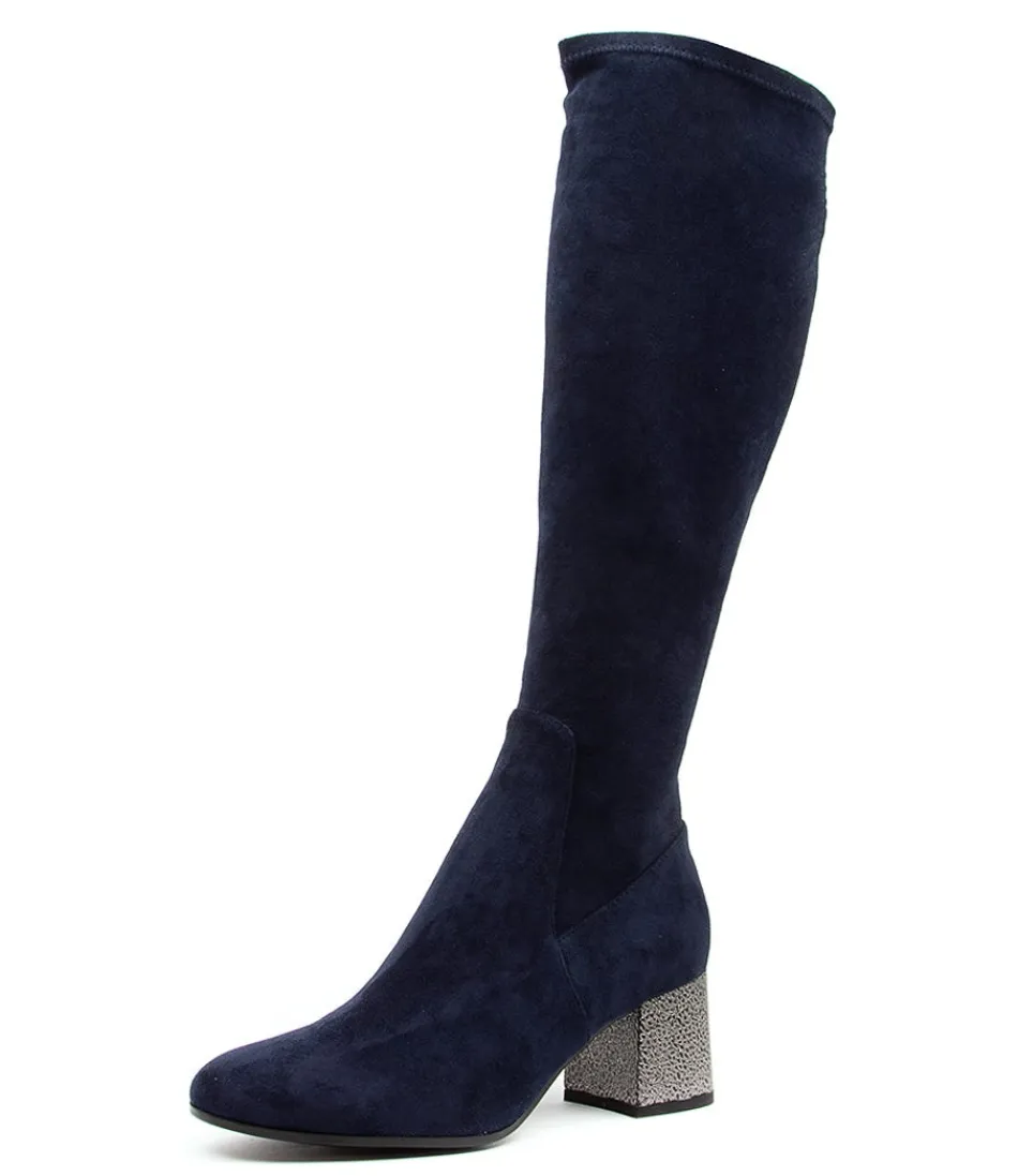 Women DJANGO & JULIETTE Boots<Nething Dj Navy Pewter Heel Stretch Microsuede