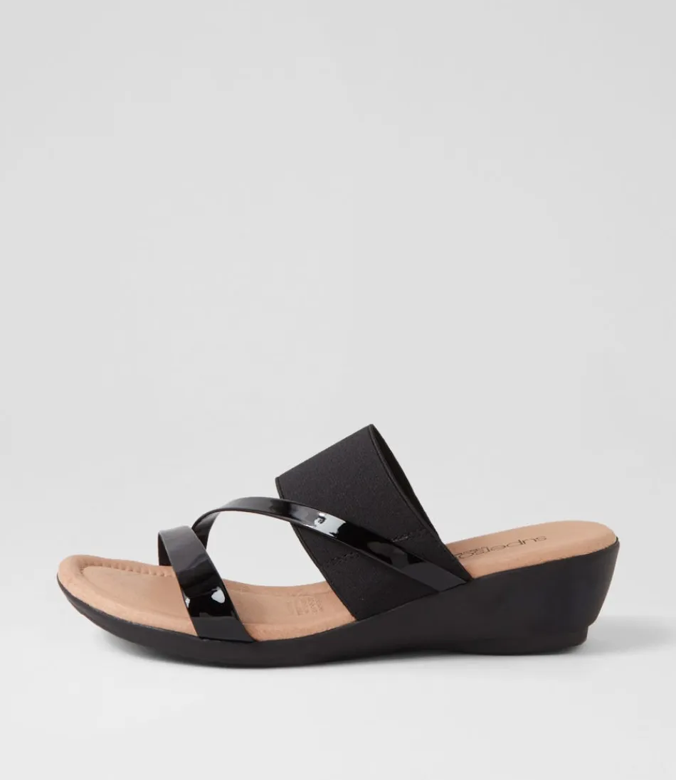 Women SUPERSOFT Wedges<Paralee Black Patent Elastic Slides