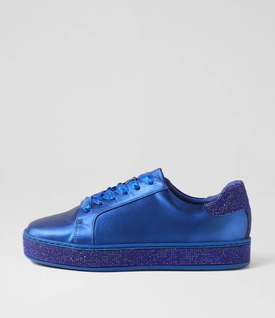 Women TOP END Sneakers<Pluma Cobalt Satin Leather Jewels Lace Up Flats