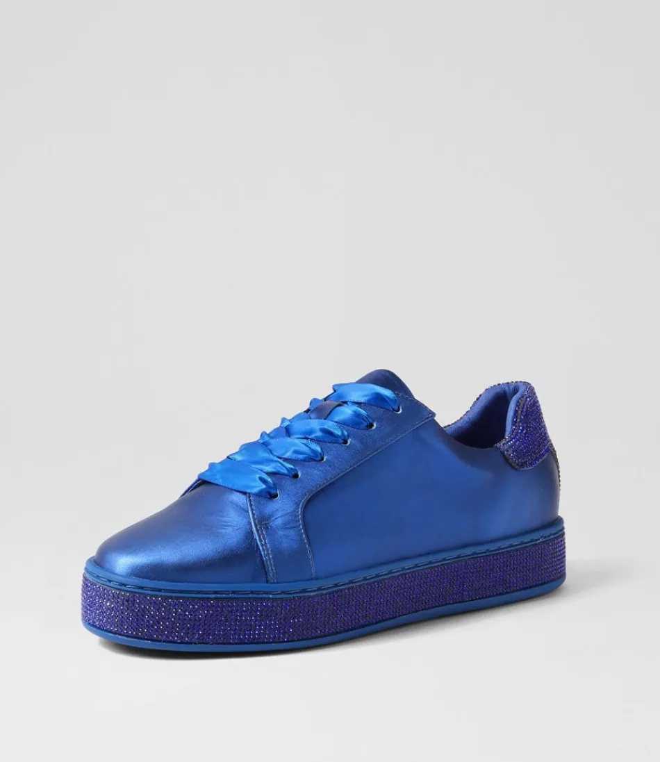 Women TOP END Sneakers<Pluma Cobalt Satin Leather Jewels Lace Up Flats