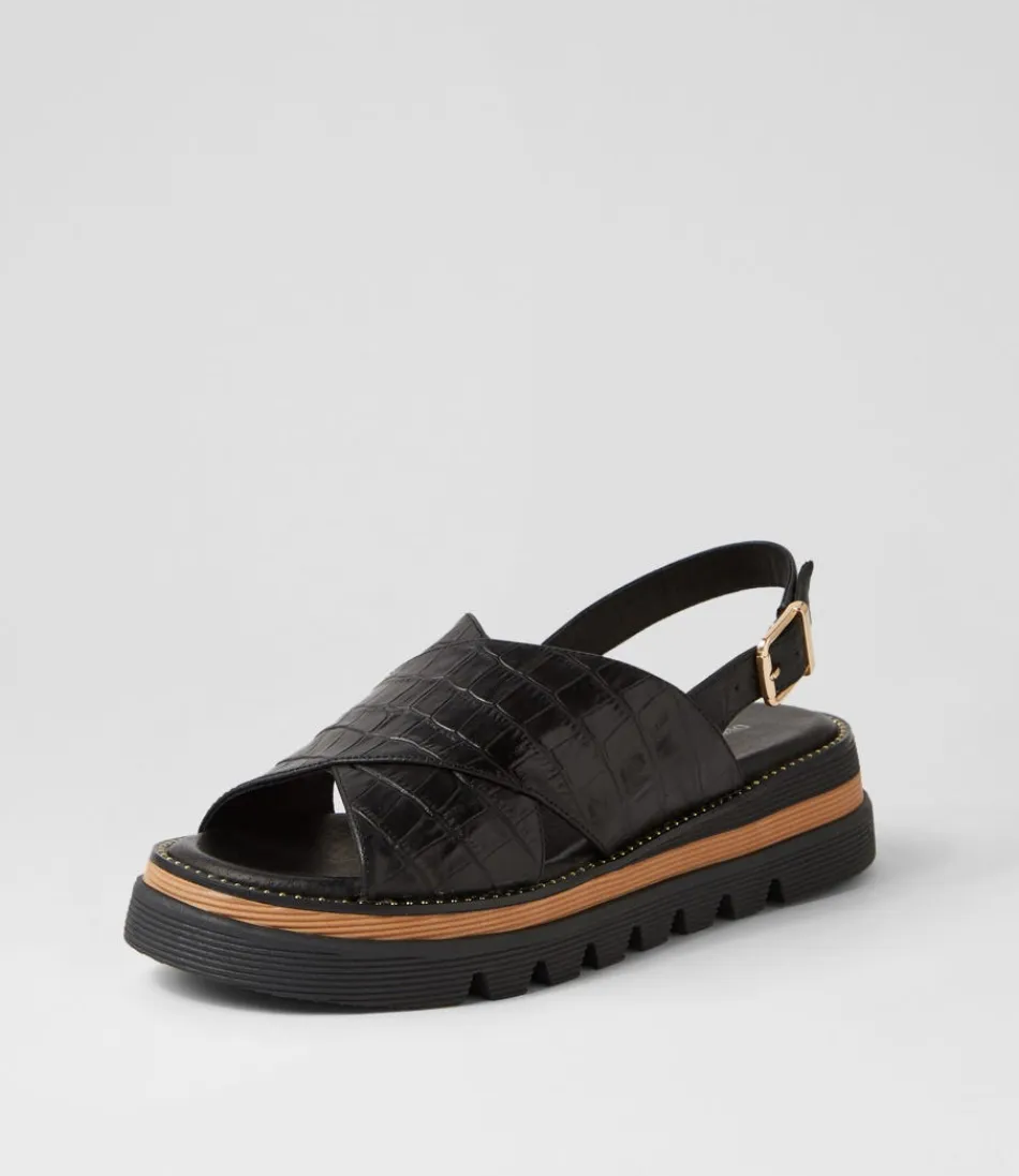 Women DJANGO & JULIETTE Wedges<Sasi Black Croc Leather Sandals