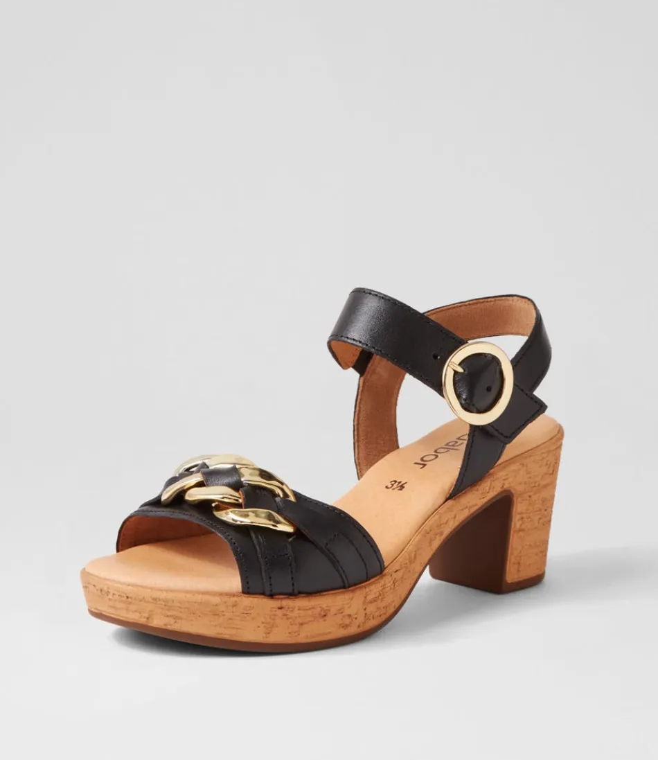 Women GABOR Comfort<Sente Schwarz Gold Leather Sandals