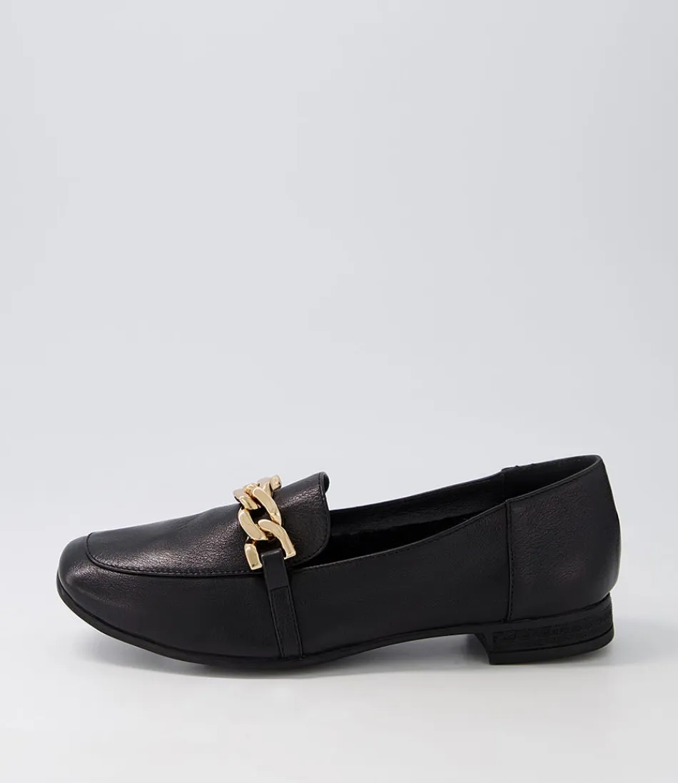 Women DIANA FERRARI Loafers<Tucker Black Gold Leather Flat Shoes