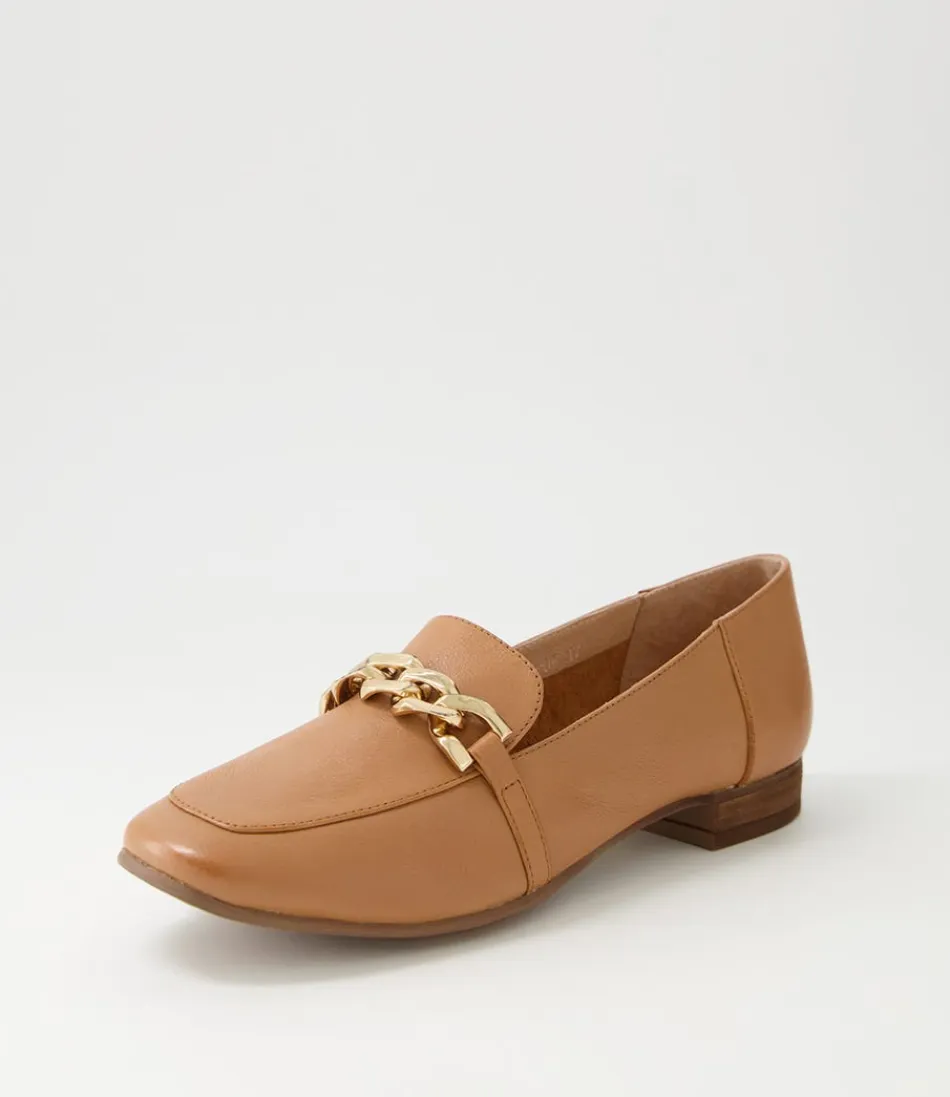 Women DIANA FERRARI Loafers<Tucker Dark Tan Gold Leather Flat Shoes