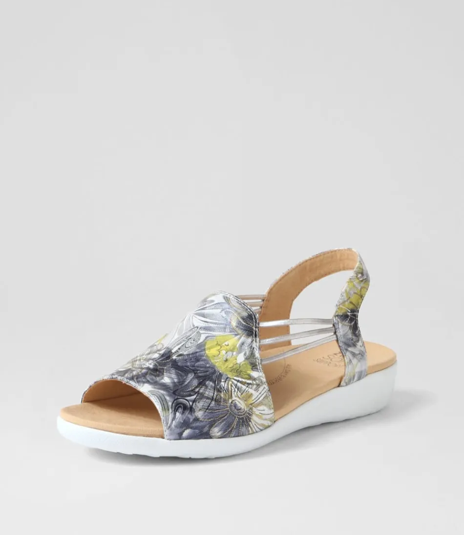 Women ZIERA Wedges<Udhays W Navy Silver Floral Leather Elastic Sandals